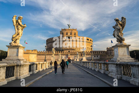 St. Angelo Bridge, Rome, Lazio. The Mausoleum of Hadrian or Castel Sant Angelo at dawn, Italy Stock Photo