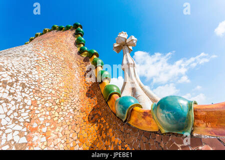 Barcelona, Spain, Casa Batlo rooftop details, chimney designed by Antonio Gaudi Stock Photo