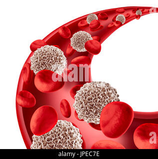 White blood cells circulation concept in a human artery flowing through red blood as a microbiology symbol of the human immune system.