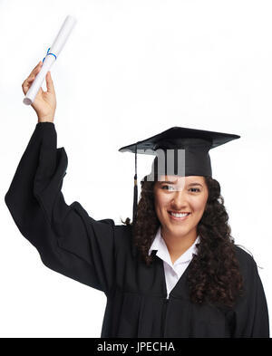 Happy graduate hispanic girl student isolated on white background Stock Photo