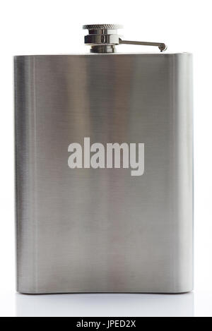 One metal flask isolated on white background. Stainless flask closeup Stock Photo