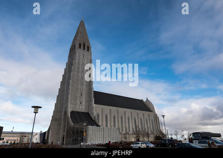 Reykjavik, Iceland - April 1, 2017: The famous Hallgrimskirkja Cathedral in city of Reykjavik in Iceland Stock Photo