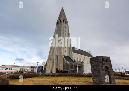 Reykjavik, Iceland - April 1, 2017: The famous Hallgrimskirkja Cathedral in city of Reykjavik in Iceland Stock Photo