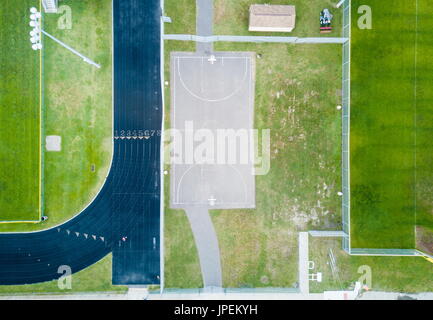 Basketball court and running tracks aerial birds eye view Stock Photo