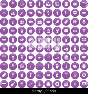 100 beer party icons set purple Stock Vector
