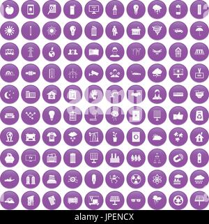 100 solar energy icons set purple Stock Vector