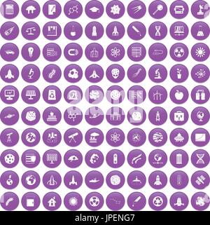 100 space icons set purple Stock Vector