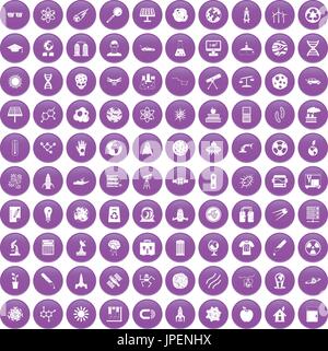 100 space technology icons set purple Stock Vector