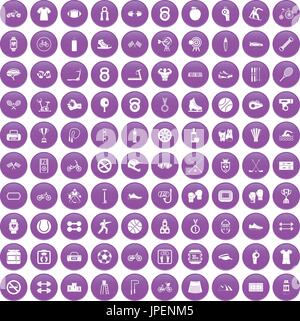 100 sport icons set purple Stock Vector