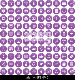 100 business training icons set purple Stock Vector