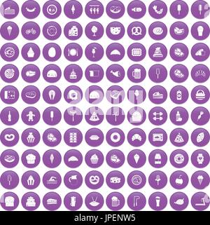 100 calories icons set purple Stock Vector