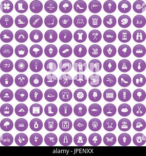 100 spring icons set purple Stock Vector