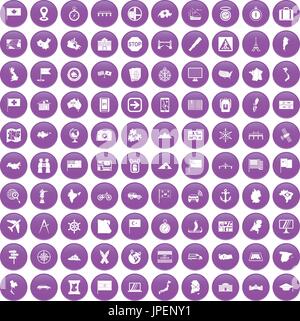 100 cartography icons set purple Stock Vector
