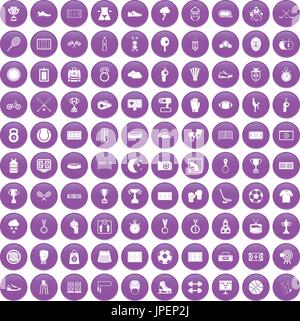 100 stadium icons set purple Stock Vector