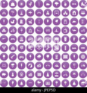 100 childrens park icons set purple Stock Vector