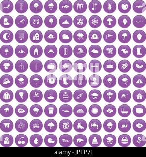 100 clouds icons set purple Stock Vector