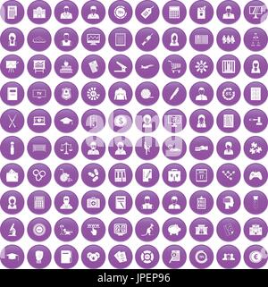 100 statistic data icons set purple Stock Vector