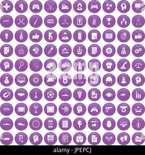 100 strategy icons set purple Stock Vector