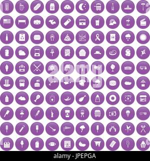 100 street food icons set purple Stock Vector