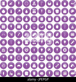 100 confectionery icons set purple Stock Vector