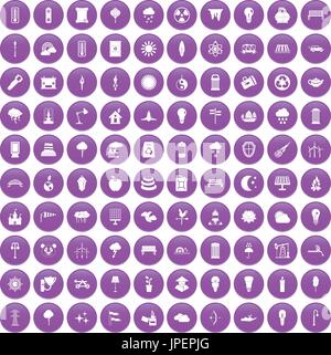 100 street lighting icons set purple Stock Vector