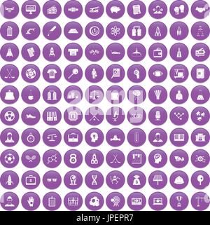 100 success icons set purple Stock Vector