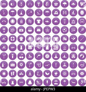 100 summer icons set purple Stock Vector