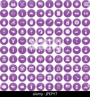 100 summer holidays icons set purple Stock Vector