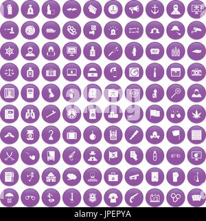 100 crime investigation icons set purple Stock Vector