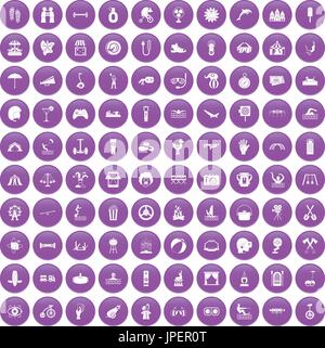100 summer vacation icons set purple Stock Vector