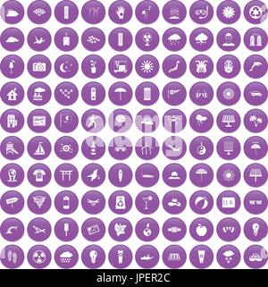 100 sun icons set purple Stock Vector