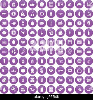 100 supermarket icons set purple Stock Vector
