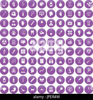 100 diagnostic icons set purple Stock Vector