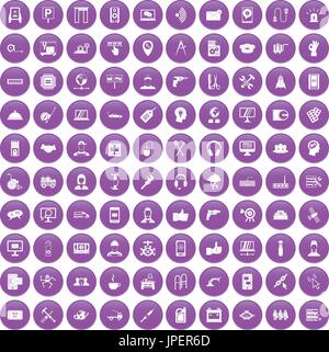100 support icons set purple Stock Vector