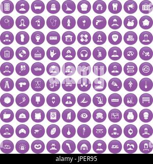 100 different professions icons set purple Stock Vector