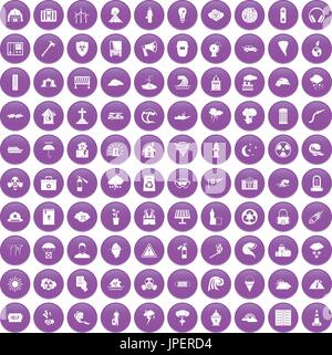 100 disaster icons set purple Stock Vector