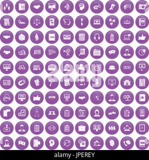 100 discussion icons set purple Stock Vector