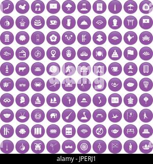 100 dish icons set purple Stock Vector
