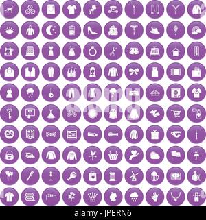 100 dress icons set purple Stock Vector