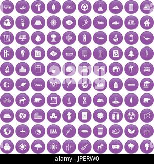 100 eco icons set purple Stock Vector