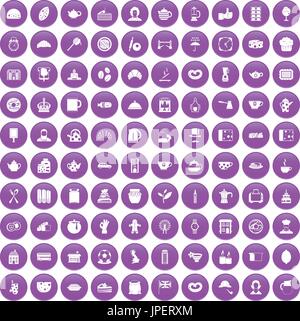 100 tea time food icons set purple Stock Vector