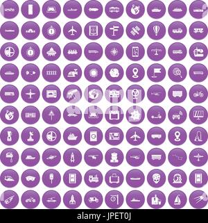 100 technology icons set purple Stock Vector