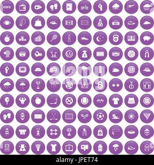 100 tennis icons set purple Stock Vector
