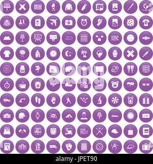 100 time icons set purple Stock Vector