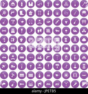 100 tools icons set purple Stock Vector