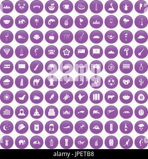 100 exotic animals icons set purple Stock Vector