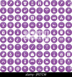 100 family tradition icons set purple Stock Vector