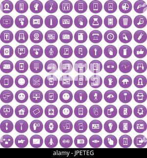 100 touch screen icons set purple Stock Vector