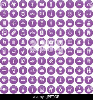 100 tourism icons set purple Stock Vector