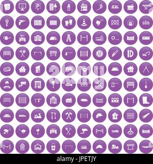 100 fence icons set purple Stock Vector